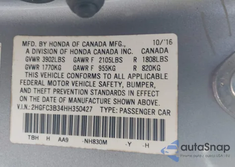 2017 Honda Civic Ex-T z USA, uszkodzony, nr VIN 2HGFC3B34HH350427